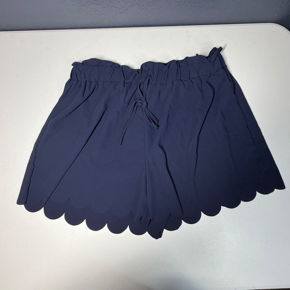 MAKEMECHIC‎ Scalloped Hem Shorts XXL Plus Navy Blue Elastic Waist